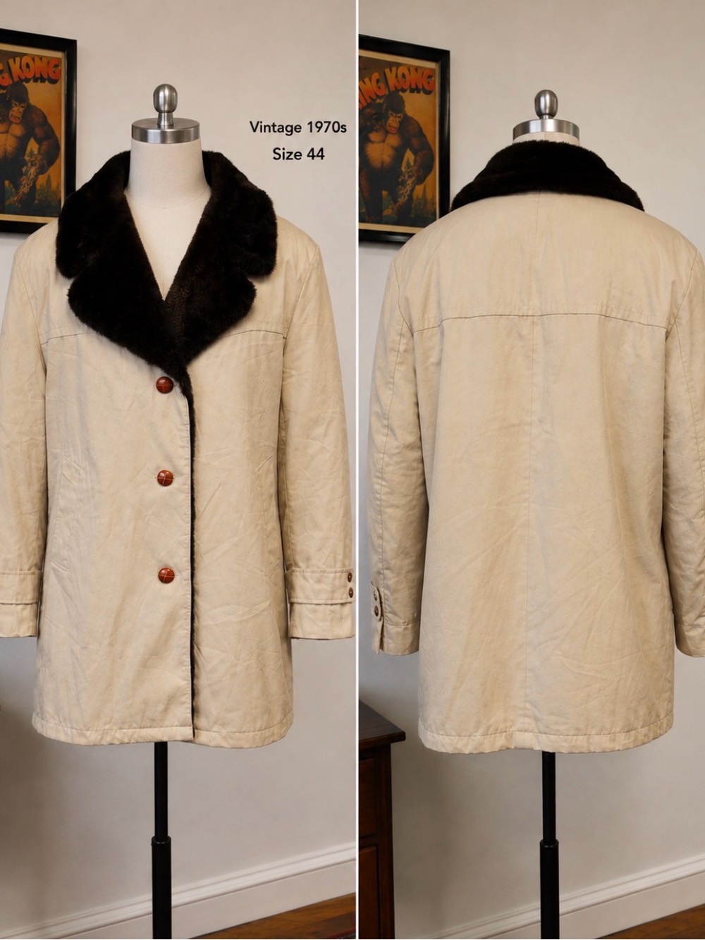 Vintage 70s Stanhouse- tan Coat with Dark Brown Bug Faux Fur Collar